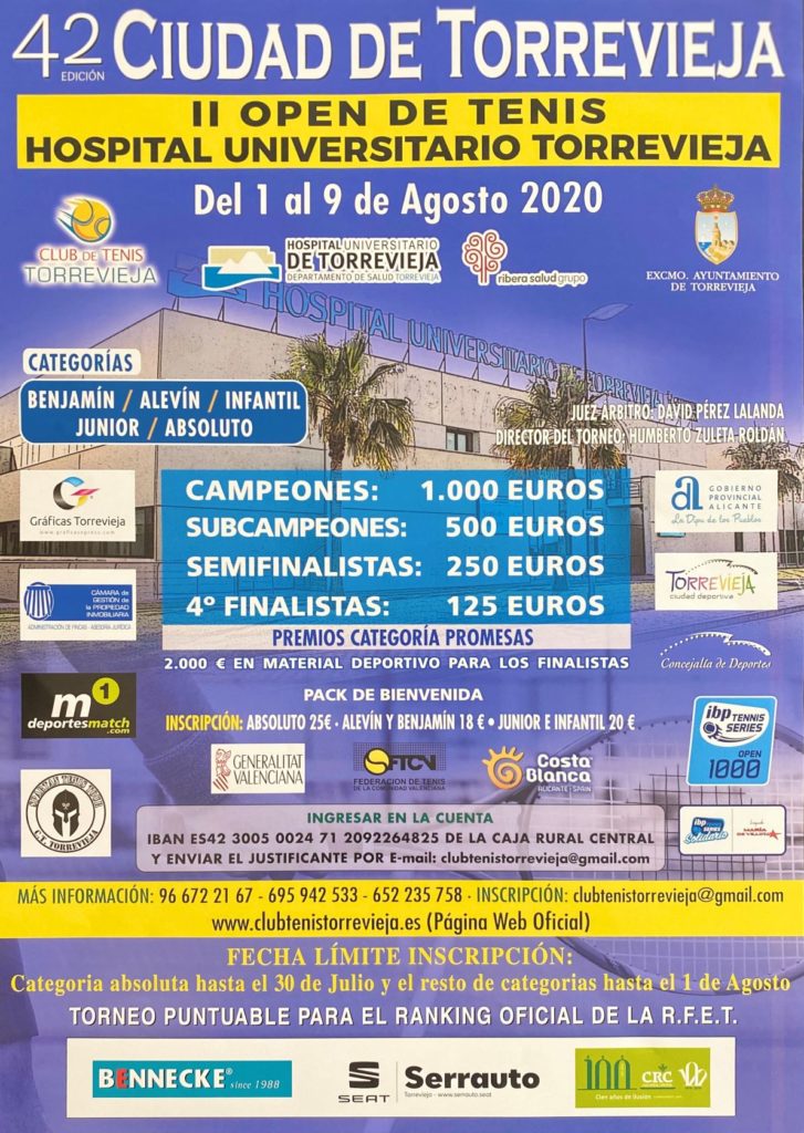 Del 1 al 9 de agosto se celebrará el 42º Torneo de Tenis «Ciudad de Torrevieja», con la participación de más de 300 tenistas.