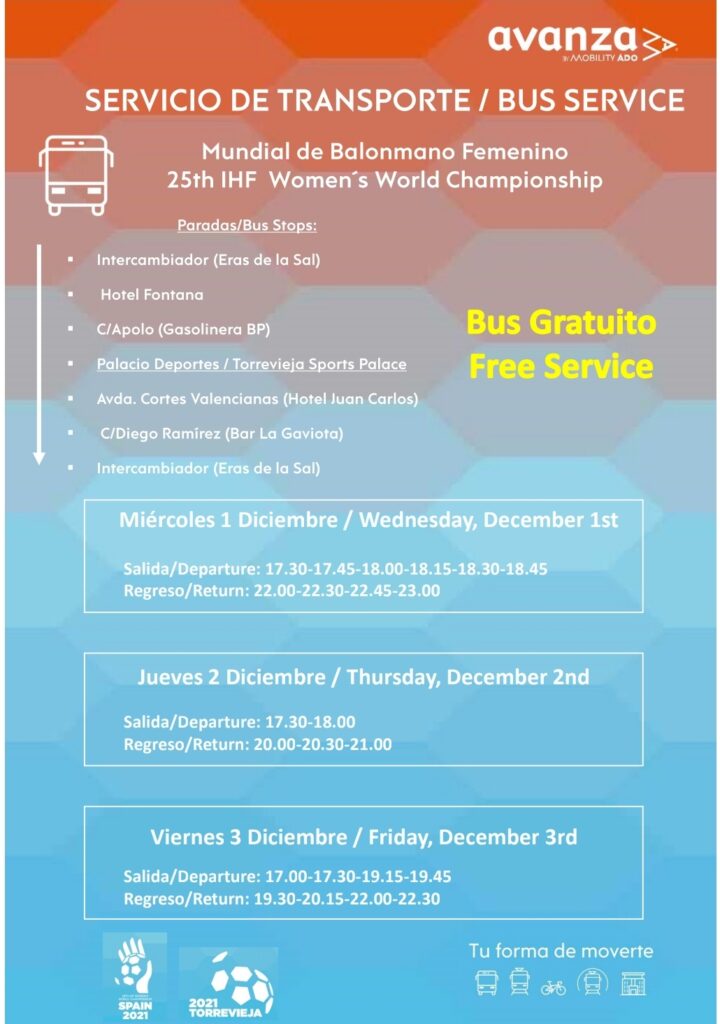 SERVICIO DE TRANSPORTE GRATUITO PARA ASISTIR AL MUNDIAL DE BALONMANO FEMENINO