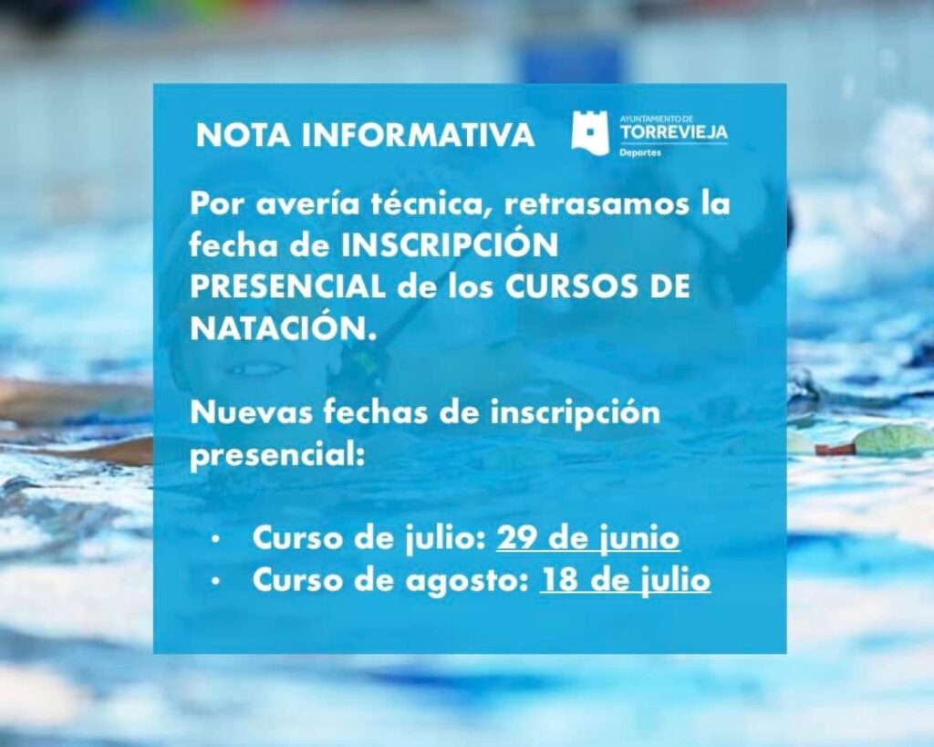 👉🏻Por avería técnica, retrasamos la fecha de INSCRIPCIÓN PRESENCIAL de los CURSOS DE NATACIÓN.