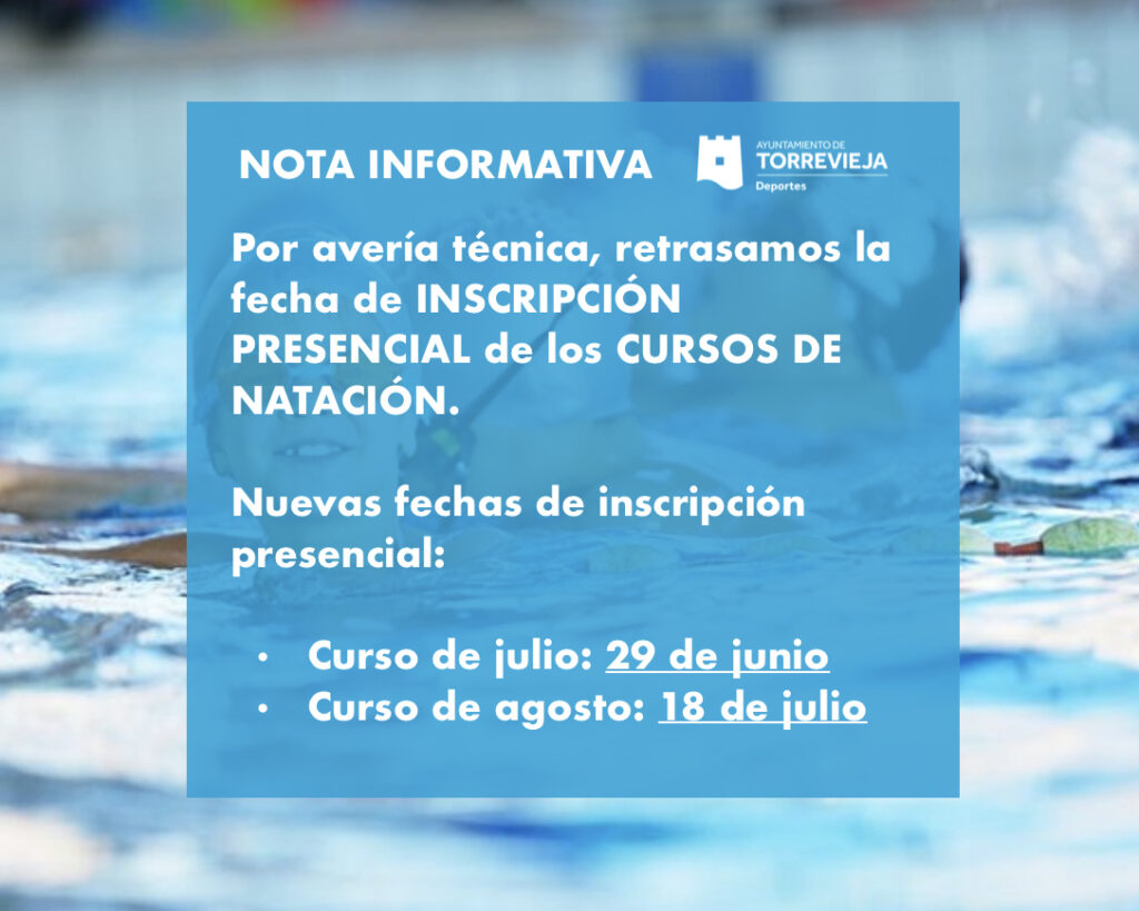 Por avería técnica, retrasamos la fecha de inscripción presencial de los cursos de natación