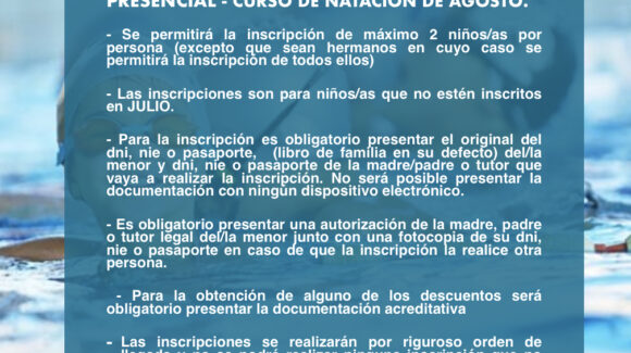 (Español) 💦☀️El lunes 18 de julio comienza la INSCRIPCIÓN PRESENCIAL – CURSO DE NATACIÓN DE AGOSTO.