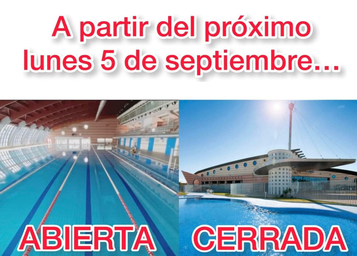 (Español) A partir del próximo lunes 5 de septiembre, se CIERRAN las piscinas exteriores y se ABRE la piscina interior.