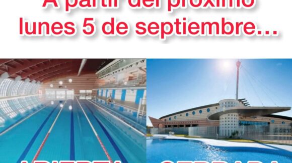 (Español) A partir del próximo lunes 5 de septiembre, se CIERRAN las piscinas exteriores y se ABRE la piscina interior.