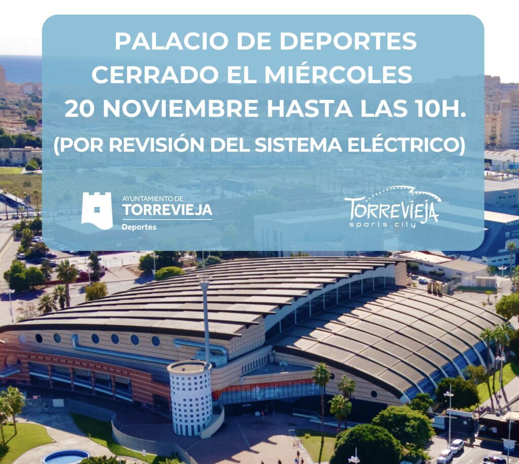 El próximo miércoles 20 de noviembre se cerrará el Palacio de Deportes (piscina, oficinas, pistas deportivas,…) hasta las 10h. Por revisión del sistema eléctrico.