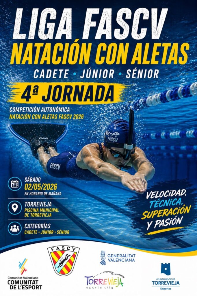 🏆La Liga FASCV de Natación con Aletas afronta en Torrevieja su 4ª jornada cadete, júnior y sénior