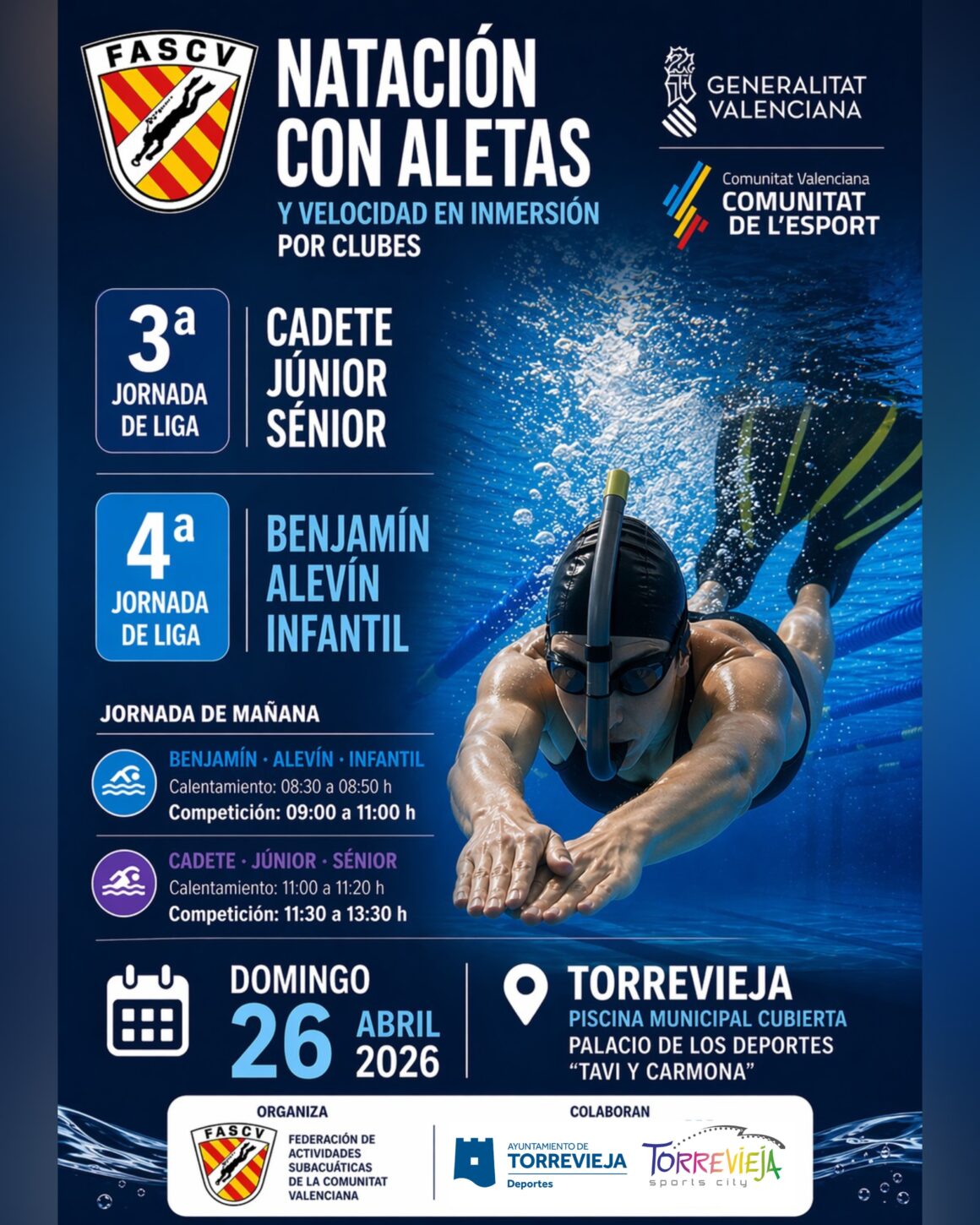 🏆🤿3ª Jornada de Liga Cadete, Júnior y Sénior y la 4ª Jornada de Liga Benjamín, Alevín e Infantil de Natación con Aletas y Velocidad en Inmersión por clubes.