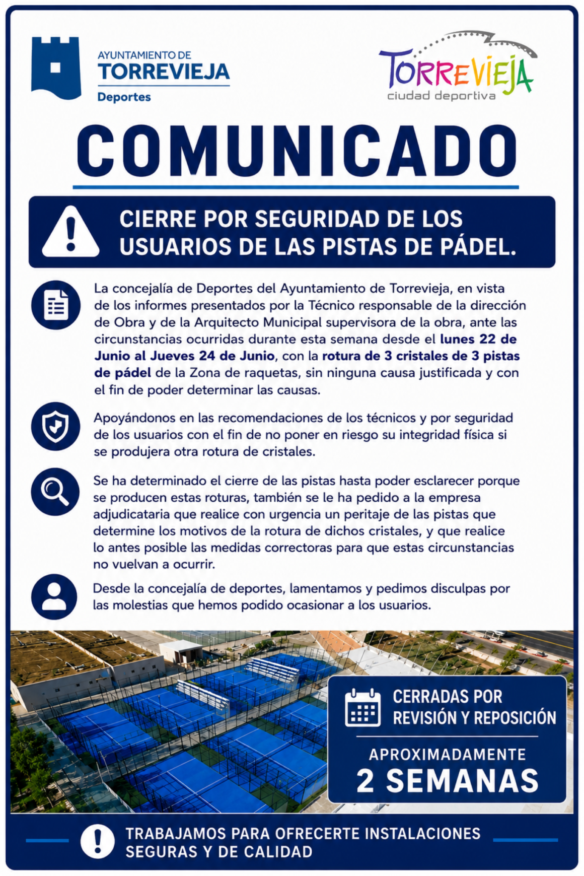 (Español) 🚨CIERRE POR SEGURIDAD DE LOS USUAROS DE LAS PISTAS DE PADEL.
