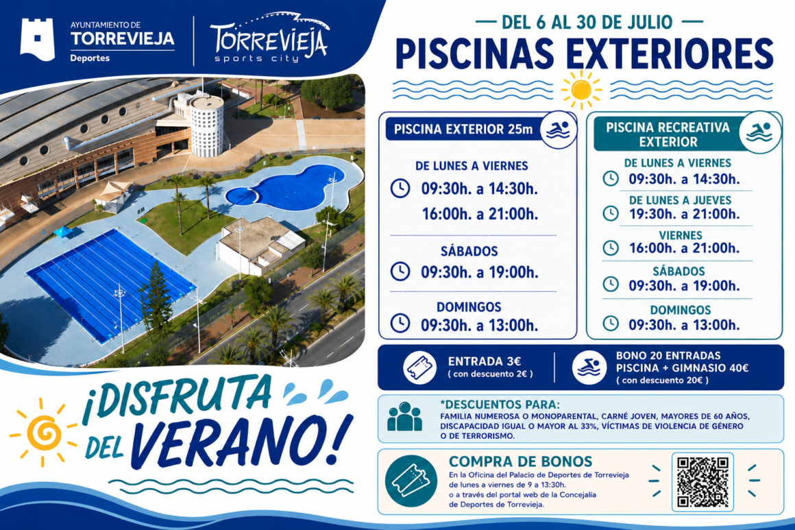 ☀️🏊‍♀️Nuevo horario de las Piscinas Municipales Exteriores para el periodo comprendido entre el 6 y el 30 de julio.