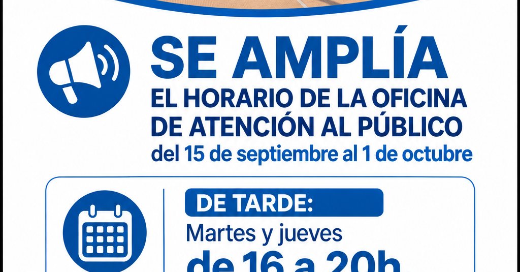 📢 ¡Ampliamos el horario de atención al público de la Oficina de Deportes! 🏃♀️🏀⚽️ 📢 ¡Ampliamos el horario de atención al público de la Oficina de Deportes! 🏃♀️🏀⚽️
